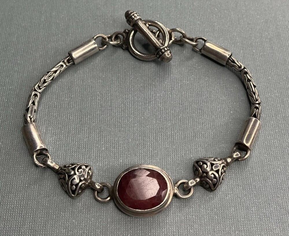 Vintage Sterling Silver Red Gemstone Bracelet Bali Style Toggle 19g